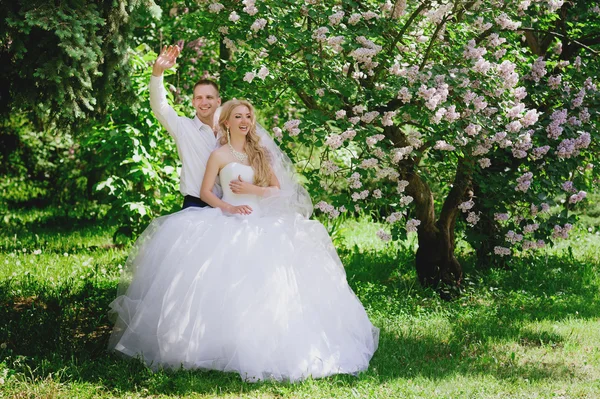 新娘和新郎在郁郁葱葱的花园 — 图库照片