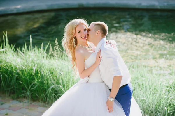 Sensuale abbraccio sposa e sposo alla luce del tramonto — Foto Stock