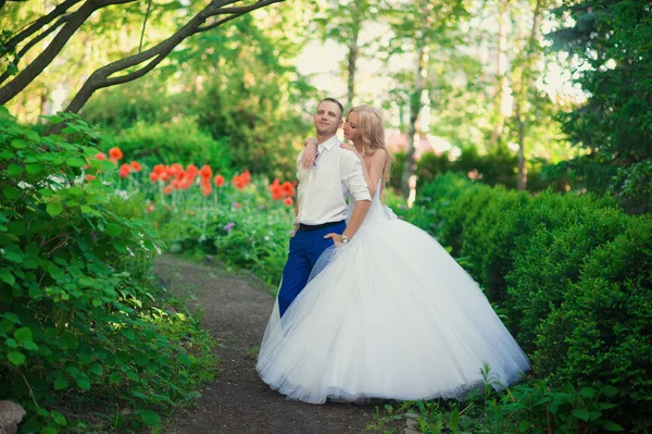 Gli sposi in un rigoglioso giardino — Foto Stock