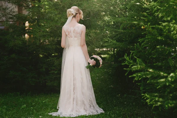 Elegante bella sposa in piedi di nuovo nel suo abito da sposa sulla natura — Foto Stock