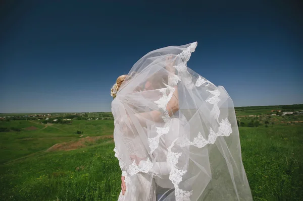 Ženich a nevěsta v závoji stojí a drží ruce na přírodu na pozadí modré oblohy — Stock fotografie
