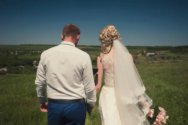 Esguicho e noiva em um véu que está e mantém mãos na natureza em um contexto do céu azul — Fotografia de Stock
