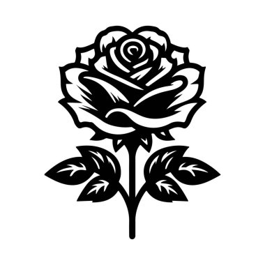 Bu resim bir gülün çarpıcı siyah ve beyaz çizimini gösteriyor. Gül, merkezi bir girdap ile karışık taç yaprağına sahiptir ve üste üç uzun yaprak ile tasvir edilir. Tasarım temiz ve cüretkar, doğal kontoyu vurguluyor.