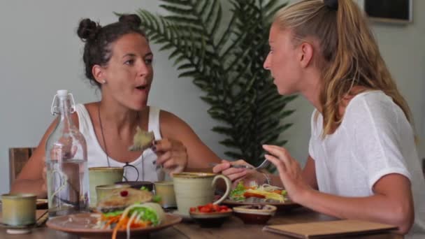 Dos mujeres jóvenes comiendo y hablando en un café — Vídeo de stock