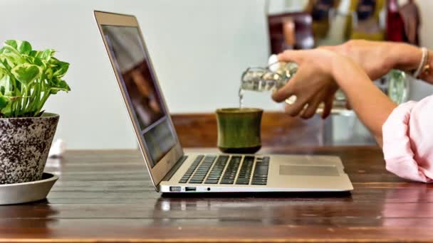 De vrouw zit op een buitencafé en die op laptop werkt — Stockvideo