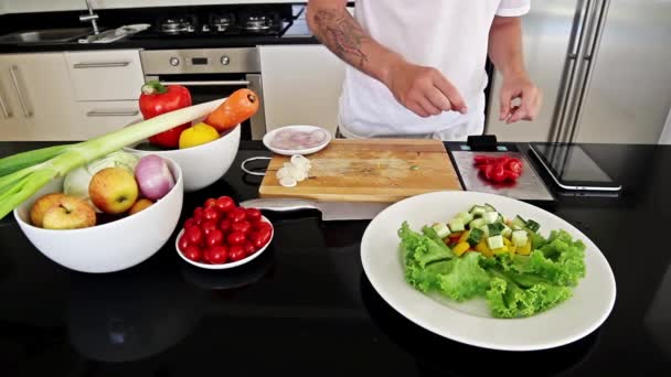 Profesyonel şef sebze salatası yapmak — Stok video