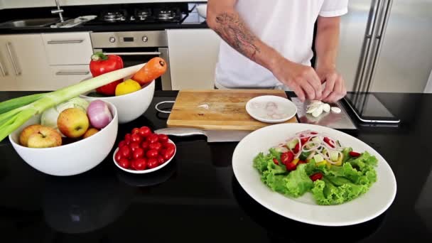 Professional chef making vegetables salad — Stock Video