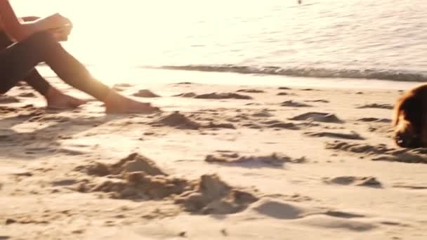 Jonge Vrouw Zitten Aan Het Strand Kleurrijke Zonsondergang Achtergrond — Stockvideo