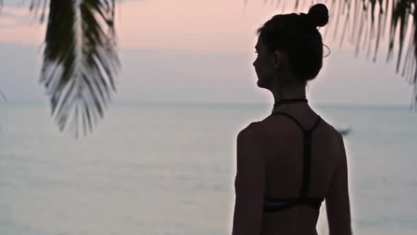 Młoda Kobieta Plaży Kolorowym Tle Zachodu Słońca — Wideo stockowe