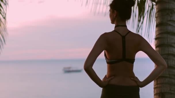 Молодая Женщина Пляже Красочном Фоне Заката — стоковое видео