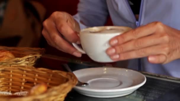 Close Woman Drinking Coffee Eating Croissants Cafe — Stock Video