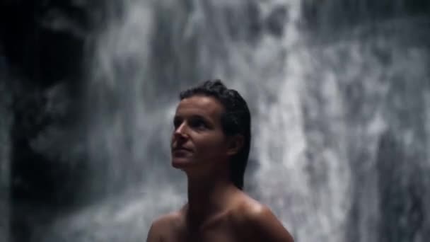 Woman Standing Waterfall — Stock Video