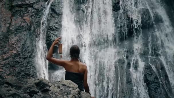 Woman Standing Waterfall Meditating — Stock Video