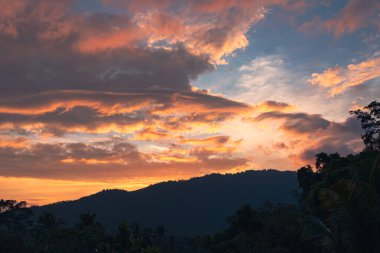 Renkli günbatımında dağları olan bir orman vadisi manzarası. Balkondan bak..