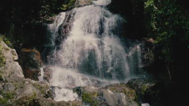 Güneşli bir günde, tropikal bir adada, ormandaki şelaleyi kapat.
