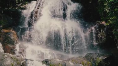 Güneşli bir günde, tropikal bir adada, ormandaki şelaleyi kapat.