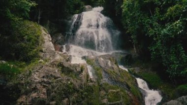 Güneşli bir günde, tropikal bir adada, ormandaki şelaleyi kapat.