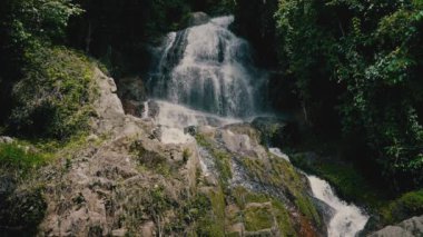 Güneşli bir günde, tropikal bir adada, ormandaki şelaleyi kapat.