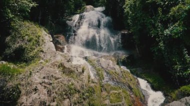 Güneşli bir günde, tropikal bir adada, ormandaki şelaleyi kapat.
