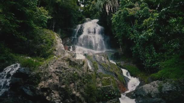 Cerrar Cascada Selva Una Isla Tropical Día Soleado — Vídeos de Stock