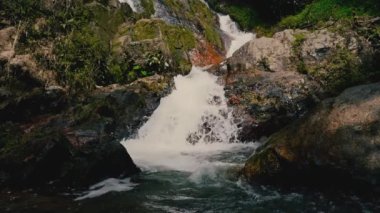 Güneşli bir günde, tropikal bir adada, ormandaki şelaleyi kapat.