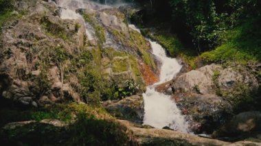 Güneşli bir günde, tropikal bir adada, ormandaki şelaleyi kapat.