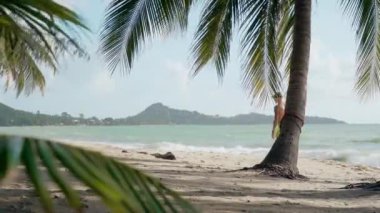Atletik bir adam sabahın erken saatlerinde tropikal bir adada sahilde yürüyor.
