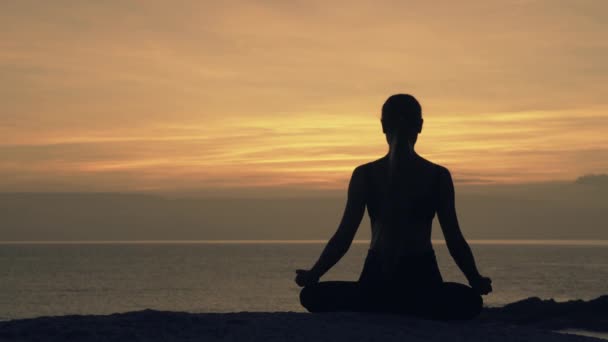 Silhouette Einer Meditierenden Jungen Frau Die Lotusposition Auf Einem Felsen — Stockvideo