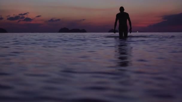 Silhuett Manliga Simning Havet Vid Solnedgången — Stockvideo