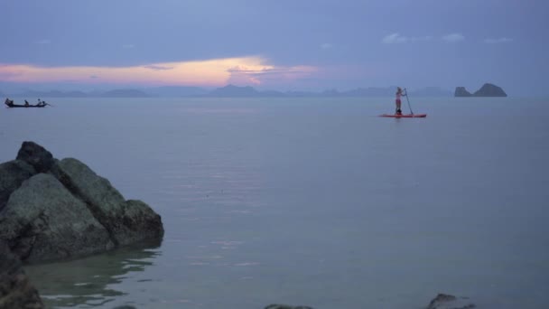 Πανόραμα Της Θάλασσας Πολύχρωμο Ηλιοβασίλεμα Sup Boarder Άνθρωπος Στο Παρασκήνιο — Αρχείο Βίντεο