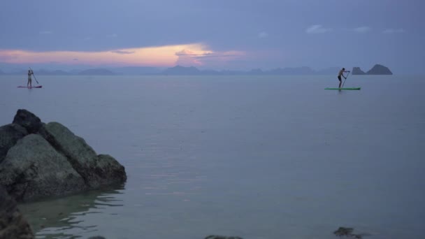 Panorama Van Een Zee Kleurrijke Zonsondergang Met Sup Boarder Man — Stockvideo