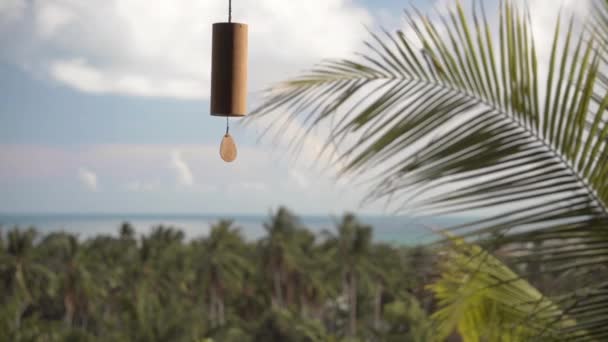 Wind Chime House Background Tropical Trees Blue Sky Sea Summer — Stock Video