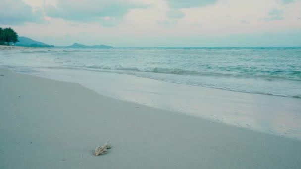 Azjatka Biegająca Piaszczystej Plaży Letni Dzień Falami Górami Tle — Wideo stockowe