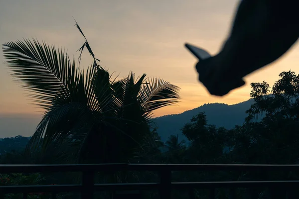 Silhouette of a man\'s hand with a smartphone on the background of sunset over the mountains