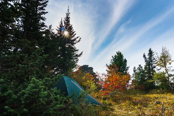 Una Tenda Turistica Piedi Sulla Cima Una Montagna Nella Foresta — Foto Stock