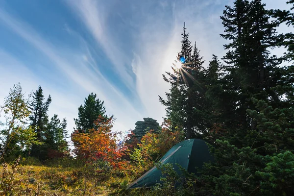 青空と沈む夕日を背景に 秋の森の中の山の頂上に立つ観光テント — ストック写真