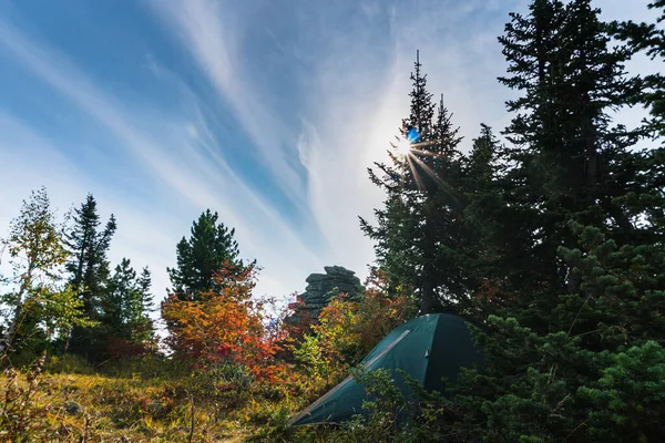 Una Tienda Campaña Turística Pie Cima Una Montaña Bosque Otoño —  Fotos de Stock