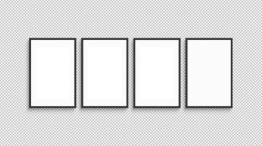 Dört dikey çerçeve, şeffaf png arkaplanda izole edilmiş. Galeri duvarı 3D görüntüleme.