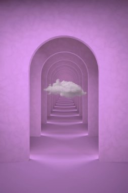 Soyut eflatun, mor sürreal 3D, beyaz bulutlu. Kemer koridoru lavanta arkaplan tasarımı. Sürrealist iç mekan 3D illüstrasyon.