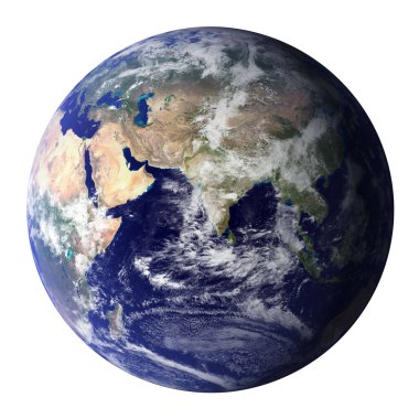 Mavi Mermer Dünya küresi beyaz arka planda izole edildi. Uydu görüntüsü Orta Doğu, Hindistan, Afrika ve Hint Okyanusu 'nu bulut örtüsü ile gösteriyor. Bu görüntünün elementleri NASA tarafından desteklenmektedir.