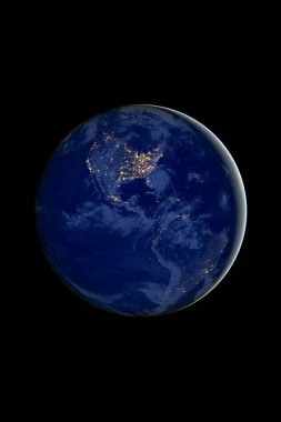 Kuzey ve Güney Amerika şehir ışıklarının gece görüşü siyah dikey arkaplanda. Küresel enerji tüketimi ve nüfus kavramı. Bu görüntünün elementleri NASA tarafından desteklenmektedir.