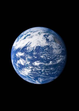 Beyaz bulutlu, uzay görüşlü ve siyah dikey arkaplandaki uzayı kopyalayan dünya. Detaylı bir coğrafi ve çevresel kavram. Bu görüntünün elementleri NASA tarafından desteklenmektedir.