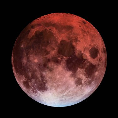 Kanlı Ay tam tutulması. Yakın çekim. Siyah arka planda izole edilmiş. Nadir görülen bir ayın astronomik ve astrolojik konsepti. Bu görüntünün elementleri NASA tarafından desteklenmektedir.