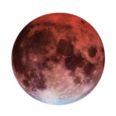 Kanlı Ay tam tutulması. Beyaz arka planda izole edilmiş yakın çekim görüntüsü. Nadir görülen bir ayın astronomik ve astrolojik konsepti. Bu görüntünün elementleri NASA tarafından desteklenmektedir.