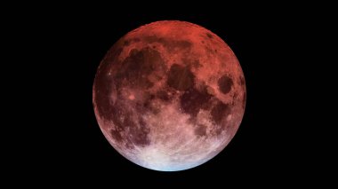 Kanlı Ay tam tutulması. Yakın çekim. Siyah arka planda izole edilmiş. Nadir görülen bir ayın astronomik ve astrolojik konsepti. Bu görüntünün elementleri NASA tarafından desteklenmektedir.