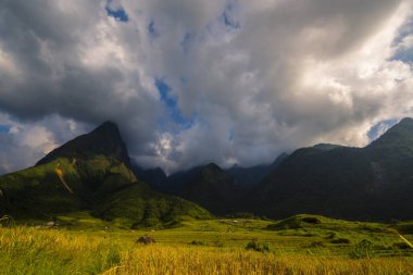 Güneşli bir günde güzel bir manzara, yeşil çayır, beyaz bulut, mavi gökyüzü. Görkemli yeşil manzara büyük dağ tepesi bulutlu vadi manzarası kırsal yeşil çayır manzarası