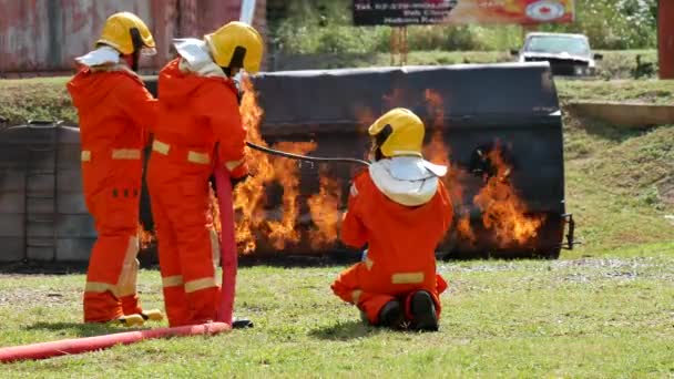 Πυροσβέστης Που Μάχεται Την Προστασία Της Φωτιάς Πυροσβέστης Φορούν Σκληρό — Αρχείο Βίντεο