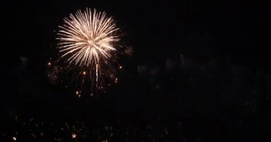 Havai fişekler yıldönümünü kutluyor. Mutlu yıllar 2022, 4 Temmuz bayram festivali. Ulusal bayramı kutlamak için gece vakti renkli havai fişekler. Yeni yıla geri sayım 2022 Parti zamanı etkinliği.