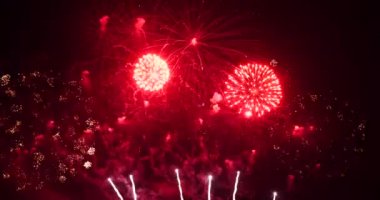 Havai fişekler yıldönümünü kutluyor. Mutlu yıllar 2022, 4 Temmuz bayram festivali. Ulusal bayramı kutlamak için gece vakti renkli havai fişekler. Yeni yıla geri sayım 2022 Parti zamanı etkinliği.