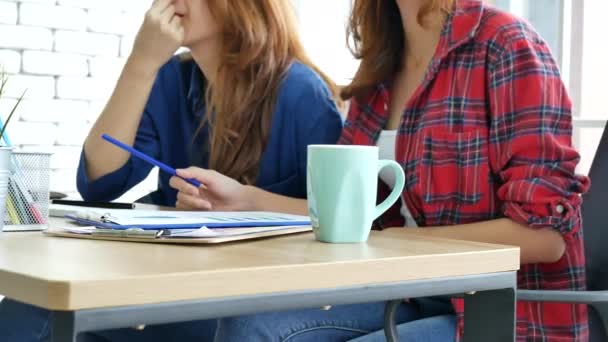 Bonheur Deux Femmes Travaillant Ensemble Réunion Équipe Confiante Bureau Partenaires — Video